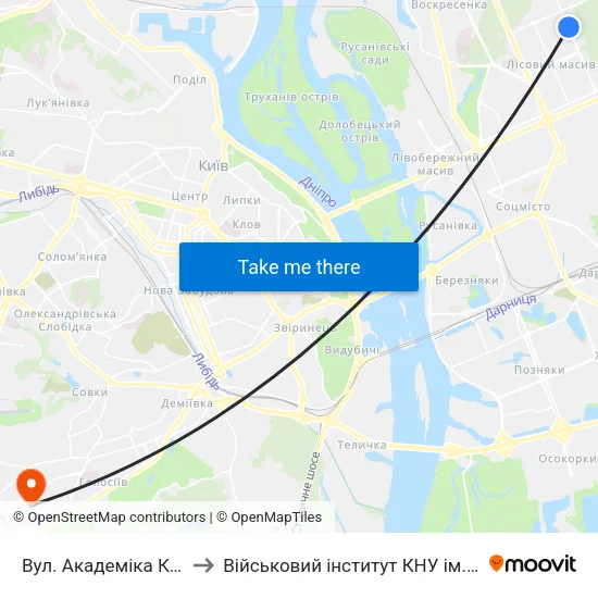 Вул. Академіка Курчатова to Військовий інститут КНУ ім. Т. Шевченка map