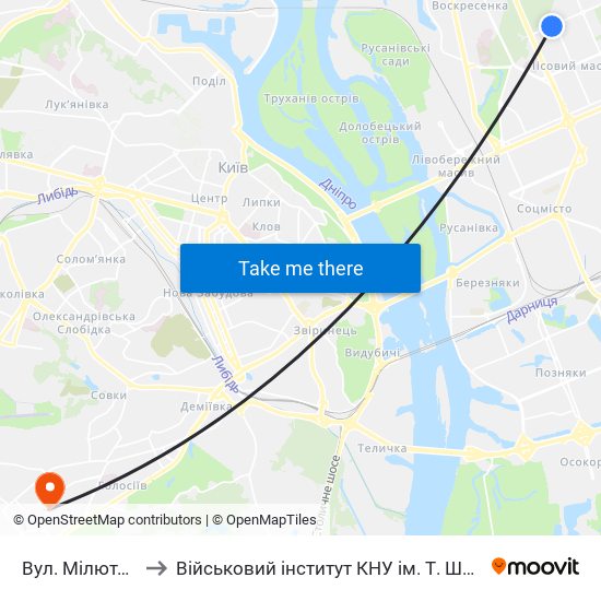 Вул. Мілютенка to Військовий інститут КНУ ім. Т. Шевченка map