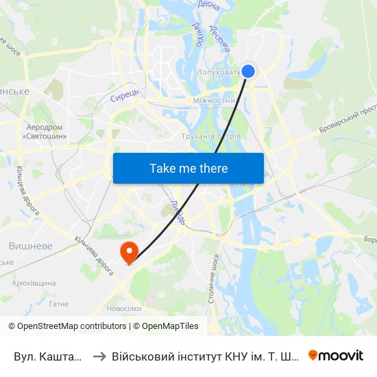 Вул. Каштанова to Військовий інститут КНУ ім. Т. Шевченка map