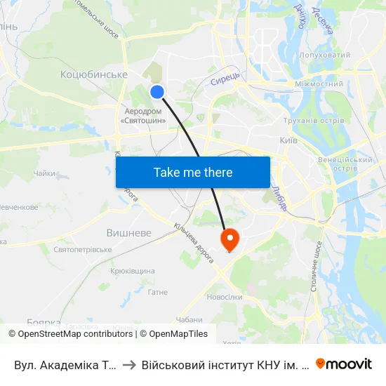 Вул. Академіка Туполєва to Військовий інститут КНУ ім. Т. Шевченка map