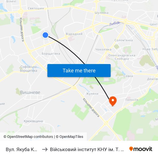 Вул. Якуба Коласа to Військовий інститут КНУ ім. Т. Шевченка map