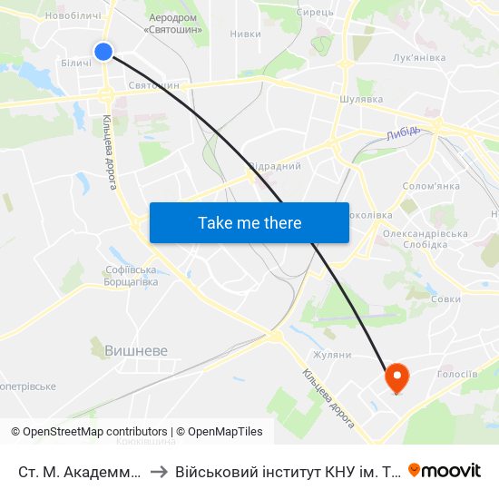 Ст. М. Академмістечко to Військовий інститут КНУ ім. Т. Шевченка map