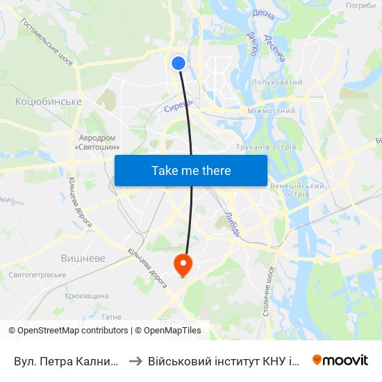 Вул. Петра Калнишевського to Військовий інститут КНУ ім. Т. Шевченка map