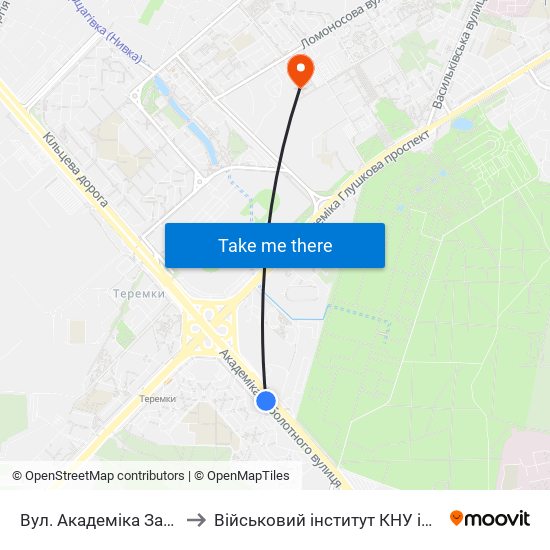 Вул. Академіка Заболотного to Військовий інститут КНУ ім. Т. Шевченка map