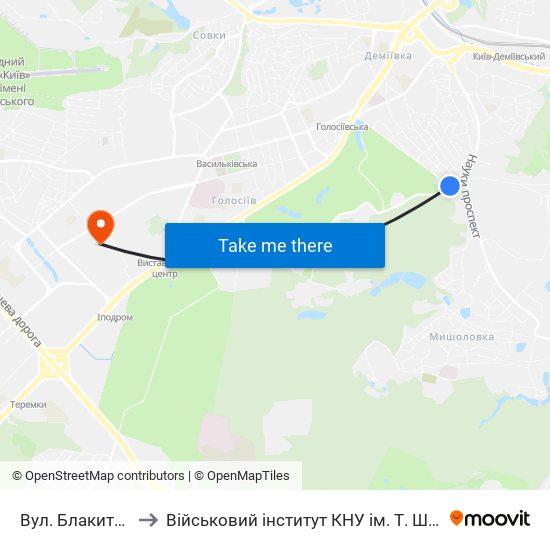 Вул. Блакитного to Військовий інститут КНУ ім. Т. Шевченка map