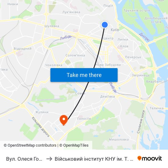 Вул. Олеся Гончара to Військовий інститут КНУ ім. Т. Шевченка map
