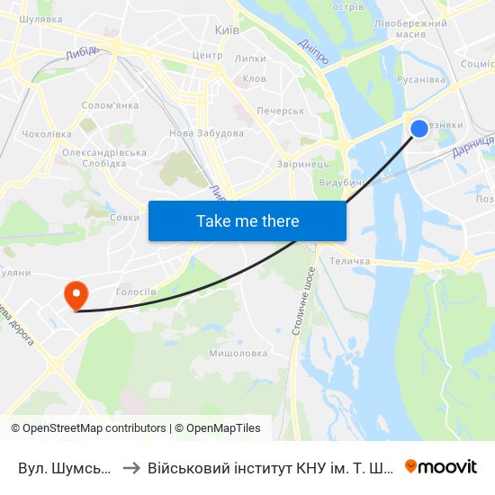 Вул. Шумського to Військовий інститут КНУ ім. Т. Шевченка map