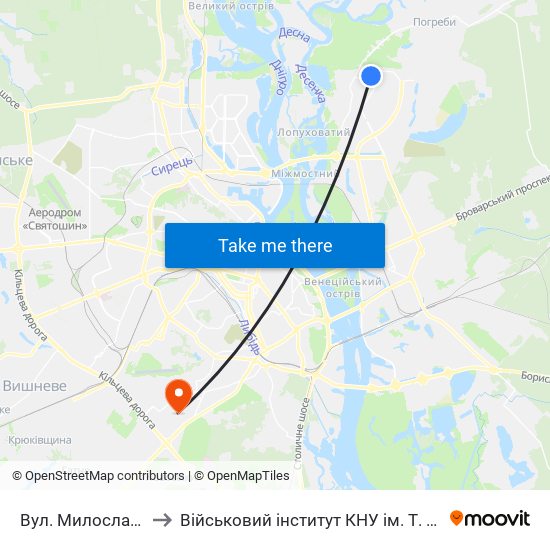 Вул. Милославська to Військовий інститут КНУ ім. Т. Шевченка map