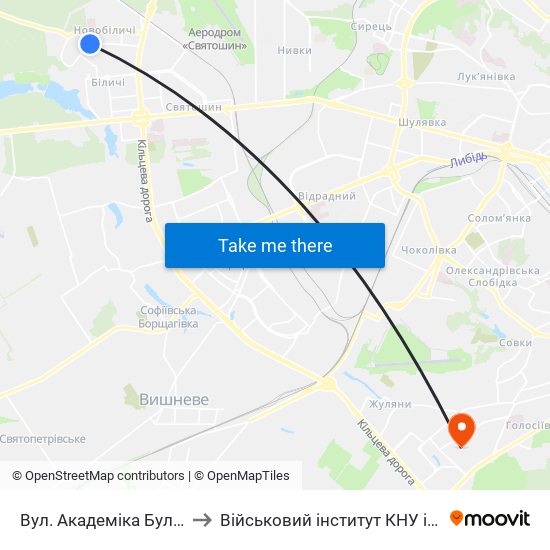 Вул. Академіка Булаховського to Військовий інститут КНУ ім. Т. Шевченка map