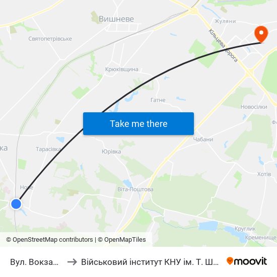 Вул. Вокзальна to Військовий інститут КНУ ім. Т. Шевченка map