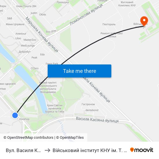 Вул. Василя Касіяна to Військовий інститут КНУ ім. Т. Шевченка map