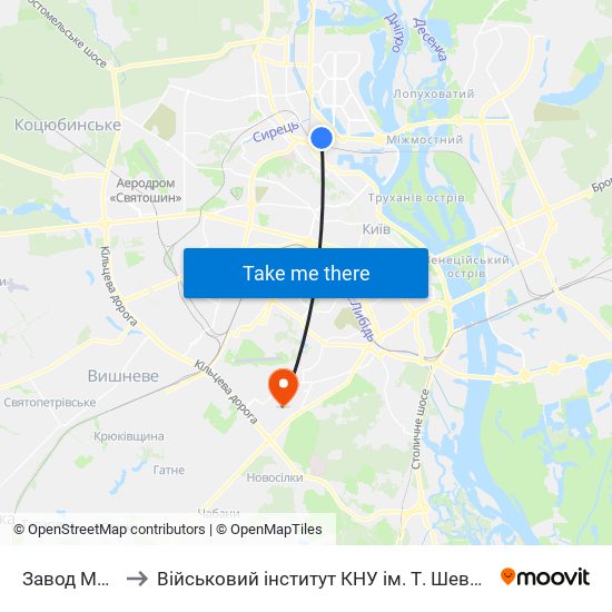 Завод Маяк to Військовий інститут КНУ ім. Т. Шевченка map