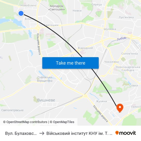 Вул. Булаховського to Військовий інститут КНУ ім. Т. Шевченка map