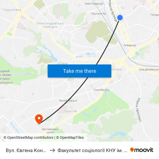 Вул. Євгена Коновальця to Факультет соціології КНУ ім. Т. Шевченка map