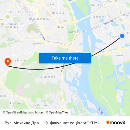 Вул. Михайла Драгоманова to Факультет соціології КНУ ім. Т. Шевченка map