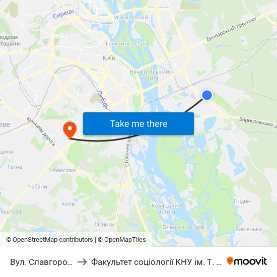 Вул. Славгородська to Факультет соціології КНУ ім. Т. Шевченка map