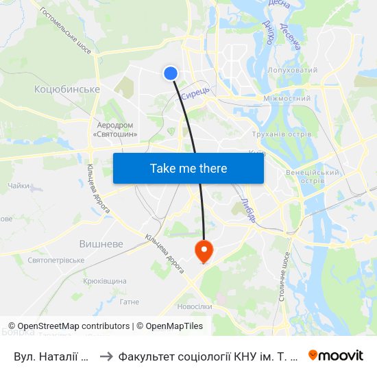 Вул. Наталії Ужвій to Факультет соціології КНУ ім. Т. Шевченка map
