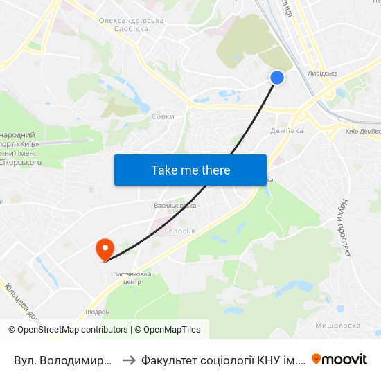 Вул. Володимира Брожка to Факультет соціології КНУ ім. Т. Шевченка map