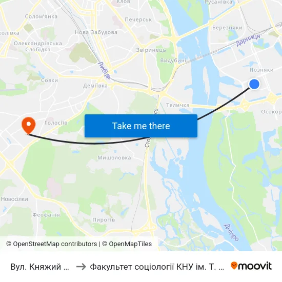 Вул. Княжий Затон to Факультет соціології КНУ ім. Т. Шевченка map