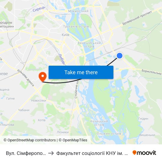 Вул. Сімферопольська to Факультет соціології КНУ ім. Т. Шевченка map