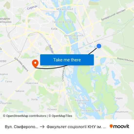 Вул. Сімферопольська to Факультет соціології КНУ ім. Т. Шевченка map