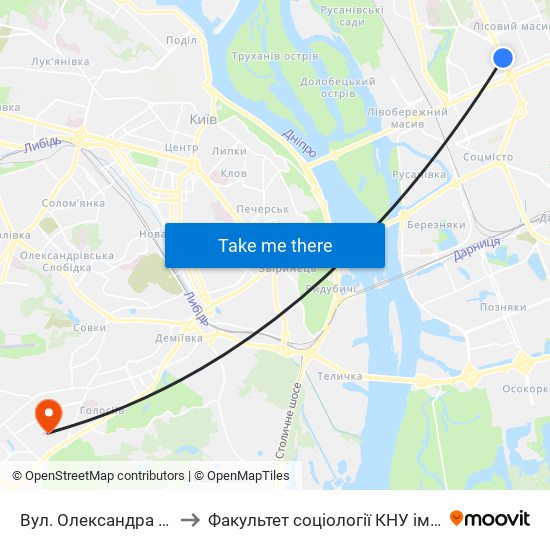 Вул. Олександра Бойченка to Факультет соціології КНУ ім. Т. Шевченка map