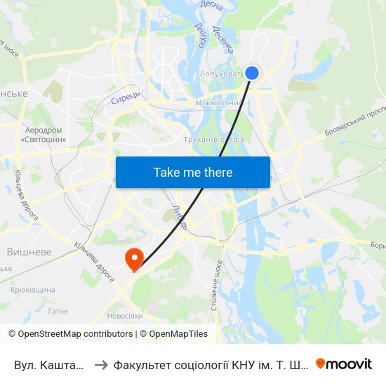 Вул. Каштанова to Факультет соціології КНУ ім. Т. Шевченка map
