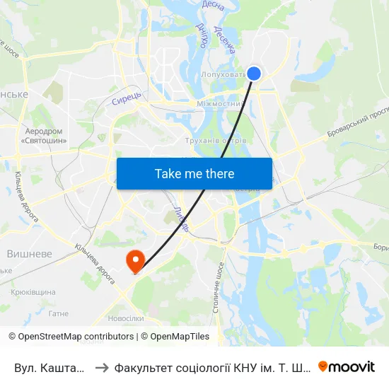 Вул. Каштанова to Факультет соціології КНУ ім. Т. Шевченка map