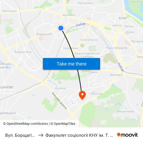 Вул. Борщагівська to Факультет соціології КНУ ім. Т. Шевченка map