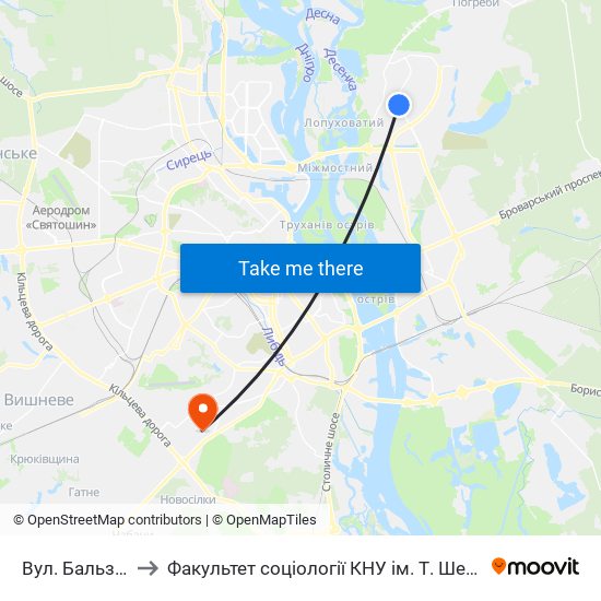Вул. Бальзака to Факультет соціології КНУ ім. Т. Шевченка map