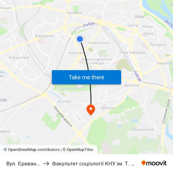 Вул. Єреванська to Факультет соціології КНУ ім. Т. Шевченка map
