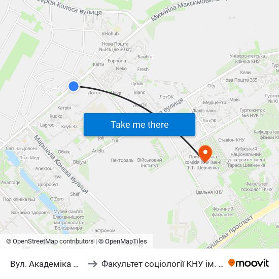 Вул. Академіка Вільямса to Факультет соціології КНУ ім. Т. Шевченка map