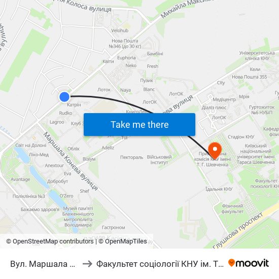 Вул. Маршала Конєва to Факультет соціології КНУ ім. Т. Шевченка map