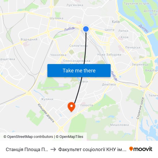 Станція Площа Перемоги to Факультет соціології КНУ ім. Т. Шевченка map