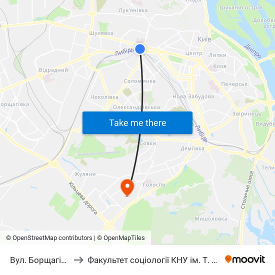 Вул. Борщагівська to Факультет соціології КНУ ім. Т. Шевченка map