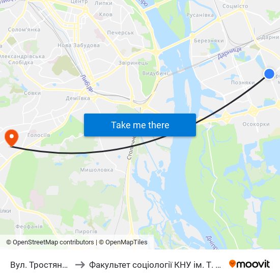 Вул. Тростянецька to Факультет соціології КНУ ім. Т. Шевченка map