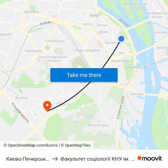 Києво-Печерська Лавра to Факультет соціології КНУ ім. Т. Шевченка map