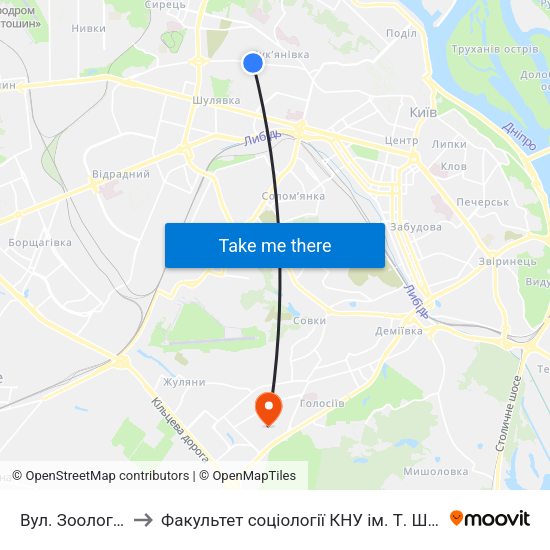 Вул. Зоологічна to Факультет соціології КНУ ім. Т. Шевченка map