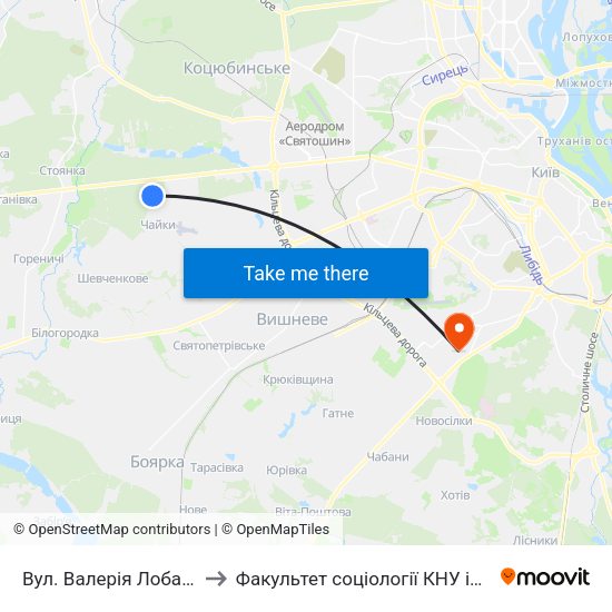 Вул. Валерія Лобановського to Факультет соціології КНУ ім. Т. Шевченка map