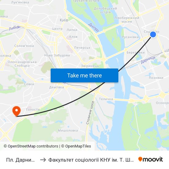 Пл. Дарницька to Факультет соціології КНУ ім. Т. Шевченка map