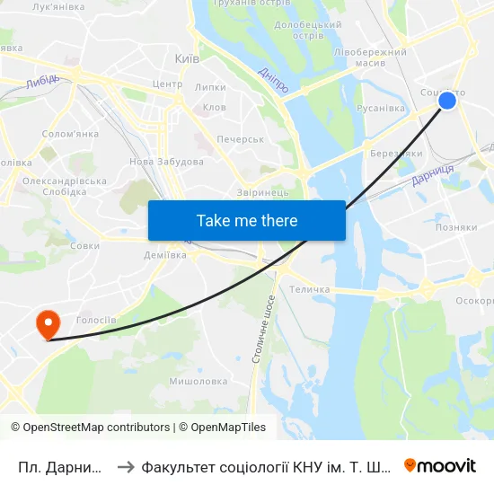 Пл. Дарницька to Факультет соціології КНУ ім. Т. Шевченка map