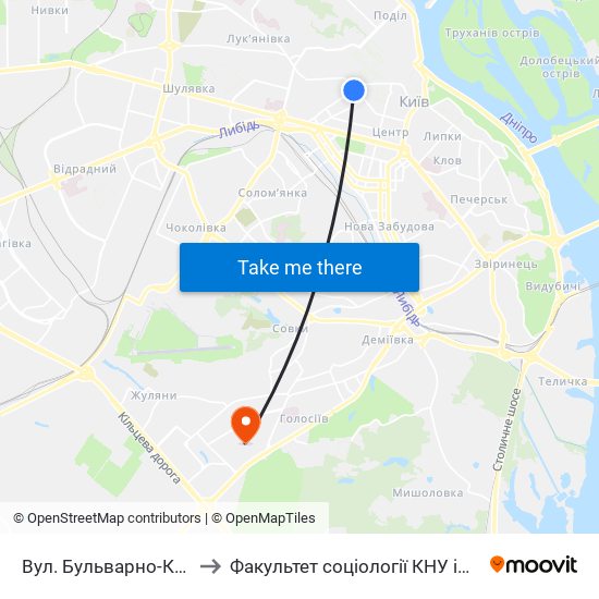 Вул. Бульварно-Кудрявська to Факультет соціології КНУ ім. Т. Шевченка map