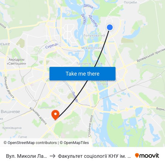 Вул. Миколи Лаврухіна to Факультет соціології КНУ ім. Т. Шевченка map