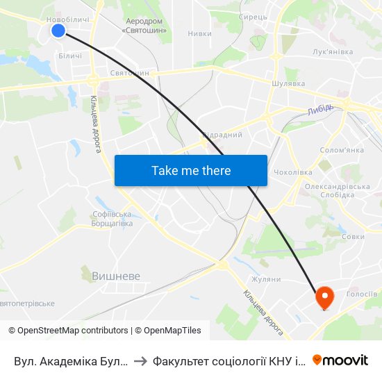 Вул. Академіка Булаховського to Факультет соціології КНУ ім. Т. Шевченка map