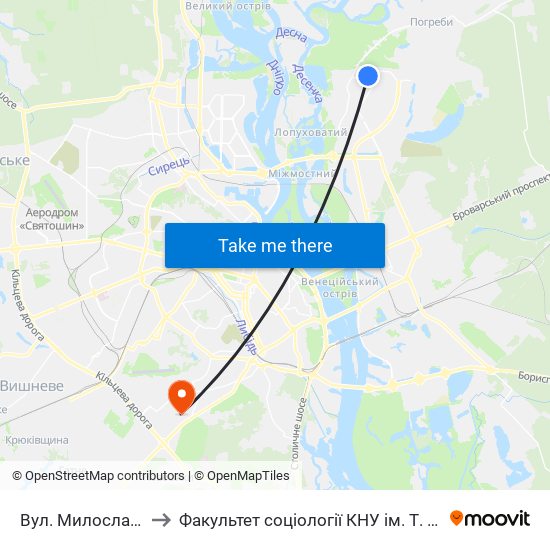 Вул. Милославська to Факультет соціології КНУ ім. Т. Шевченка map