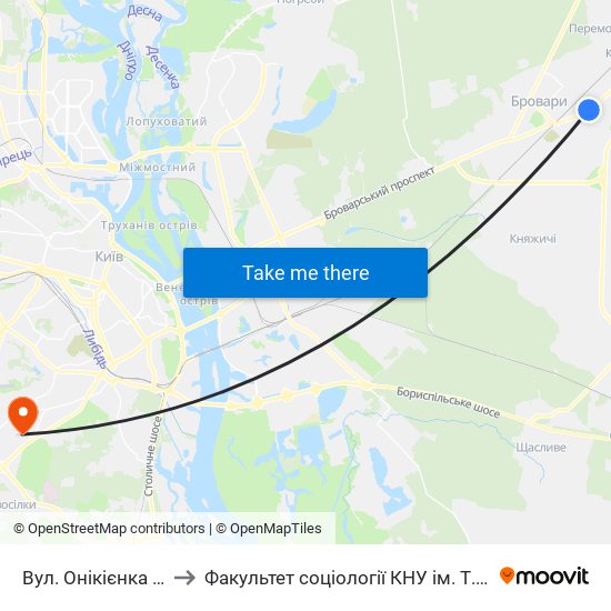 Вул. Онікієнка Олега to Факультет соціології КНУ ім. Т. Шевченка map