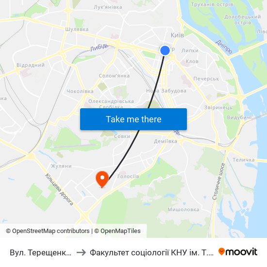 Вул. Терещенківська to Факультет соціології КНУ ім. Т. Шевченка map