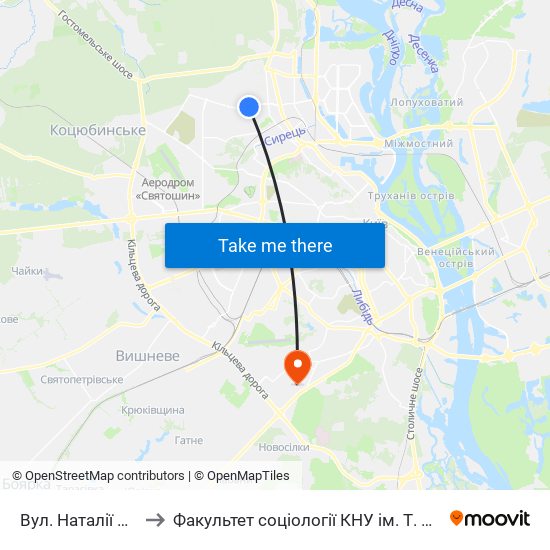 Вул. Наталії Ужвій to Факультет соціології КНУ ім. Т. Шевченка map