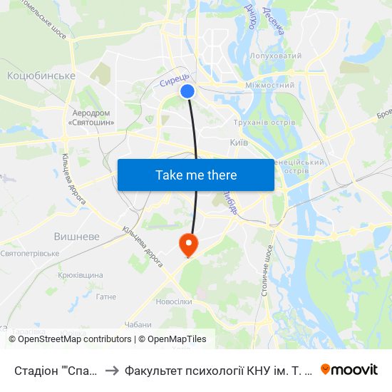 Стадіон ""Спартак"" to Факультет психології КНУ ім. Т. Шевченка map