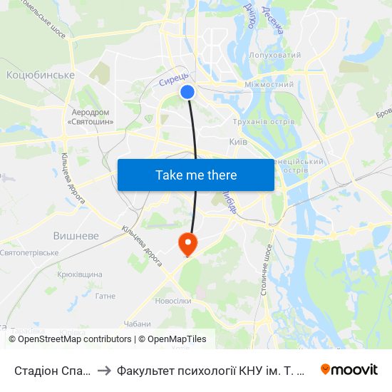 Стадіон Спартак to Факультет психології КНУ ім. Т. Шевченка map